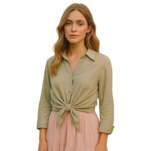 Topshop Tie-Front Blouse Long Sleeve Button Down Shirt Sage Green UK 8‎ Nwot